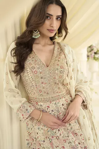 Off-white embroidered georgette anarkali suit