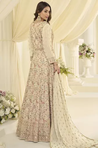 Off-white embroidered georgette anarkali suit