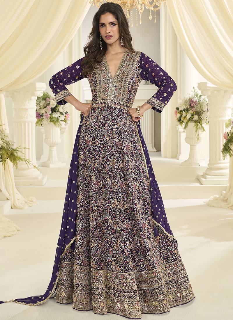 Purple embroidered georgete anarkali suit