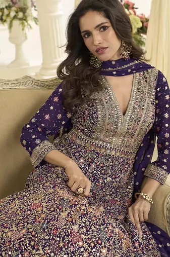 Purple embroidered georgete anarkali suit