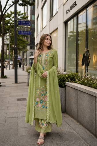 Green chinon suit with embroidery & diamond work