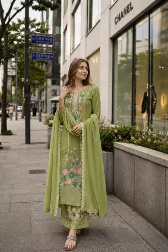 Green chinon suit with embroidery & diamond work