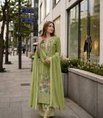 Green chinon suit with embroidery & diamond work