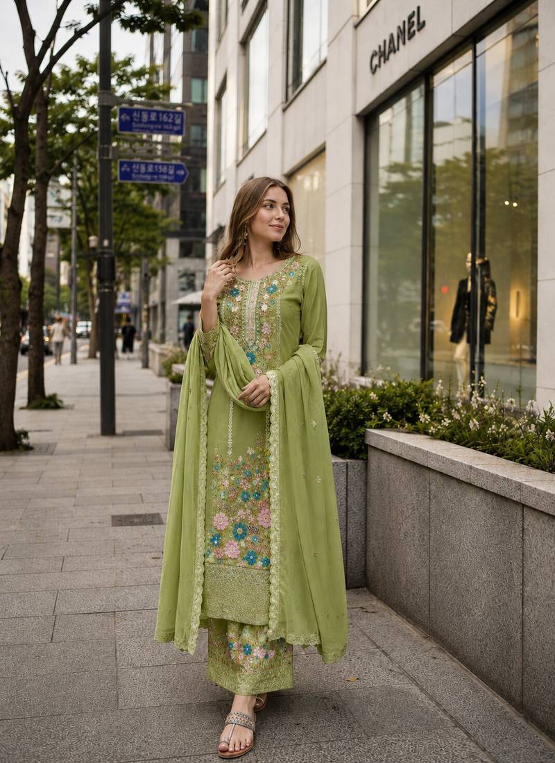 Green chinon suit with embroidery & diamond work