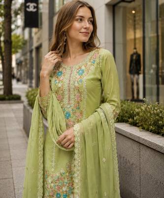 Green chinon suit with embroidery & diamond work 2