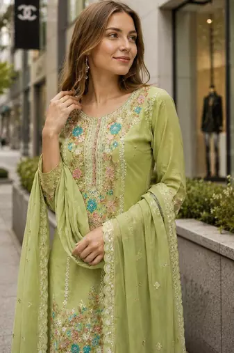 Green chinon suit with embroidery & diamond work