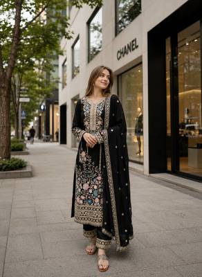 Black chinon suit with embroidery & diamond work 1