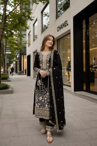 Black chinon suit with embroidery & diamond work