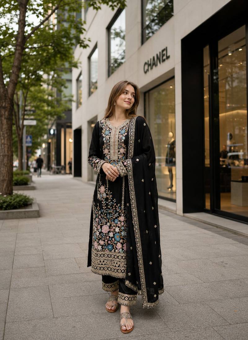 Black chinon suit with embroidery & diamond work