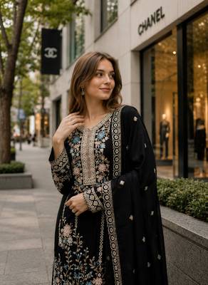 Black chinon suit with embroidery & diamond work 2