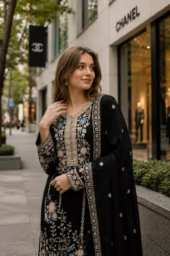Black chinon suit with embroidery & diamond work