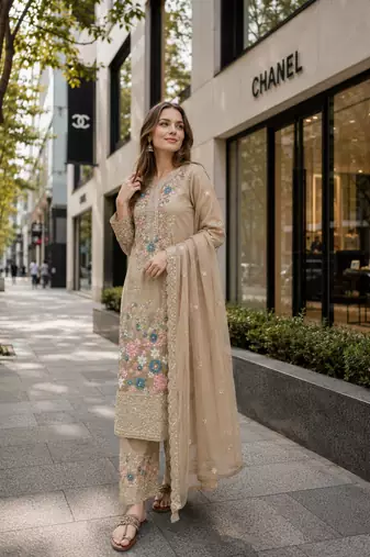 Beige chinon suit with embroidery & diamond work