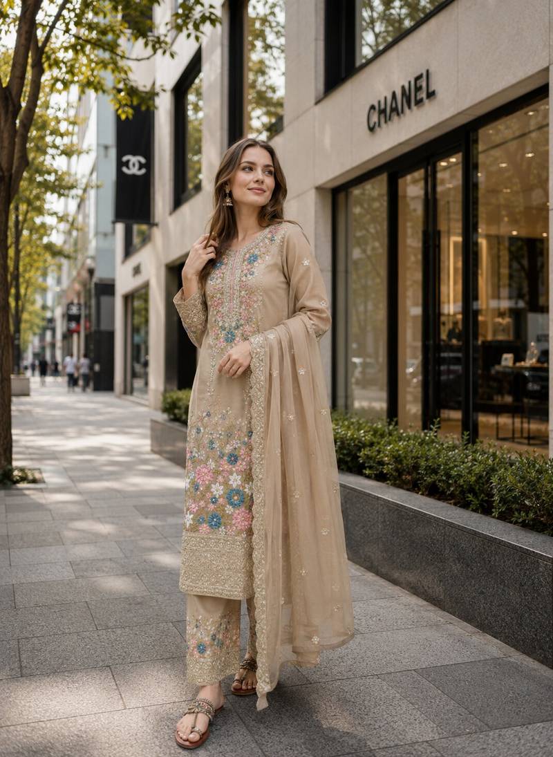 Beige chinon suit with embroidery & diamond work