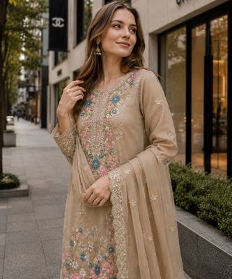 Beige chinon suit with embroidery & diamond work 2