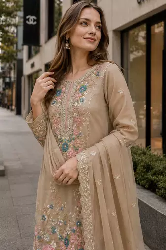 Beige chinon suit with embroidery & diamond work
