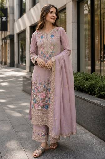 Lavender chinon suit with embroidery & diamond work