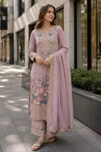 Lavender chinon suit with embroidery & diamond work