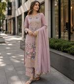 Lavender chinon suit with embroidery & diamond work