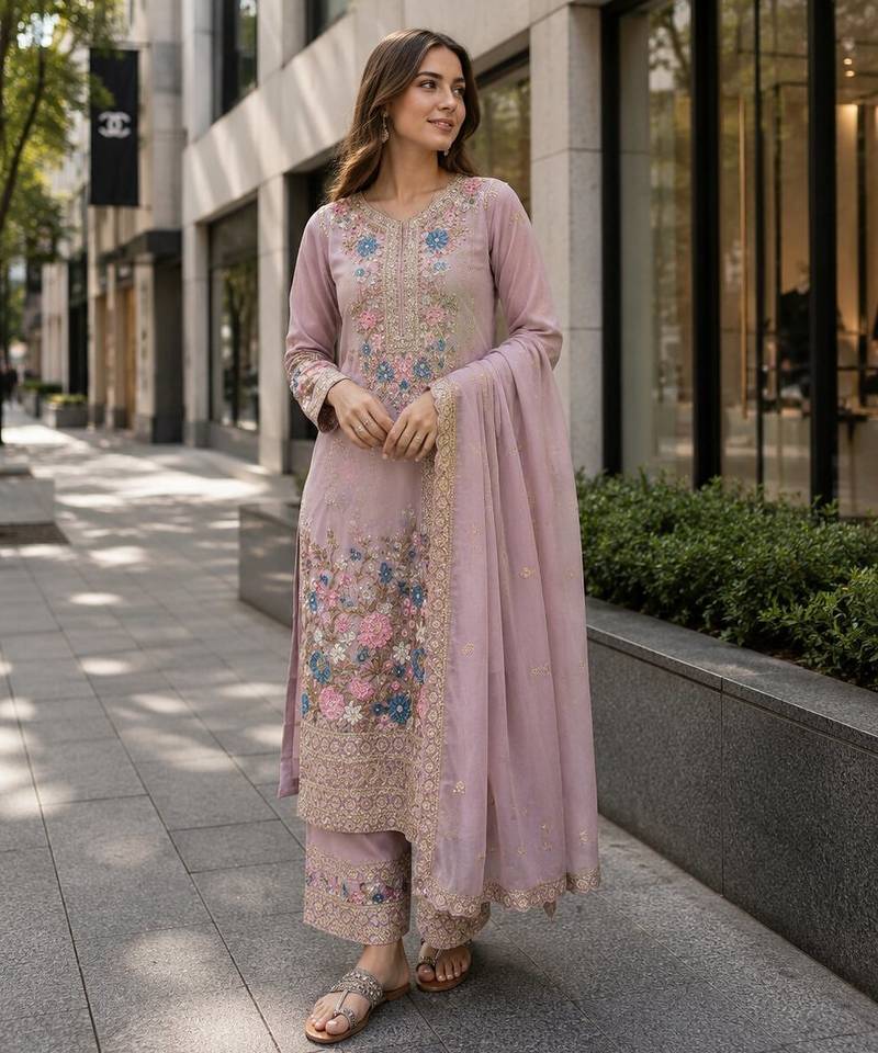 Lavender chinon suit with embroidery & diamond work