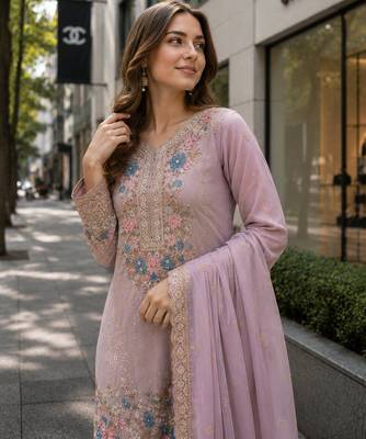 Lavender chinon suit with embroidery & diamond work 2