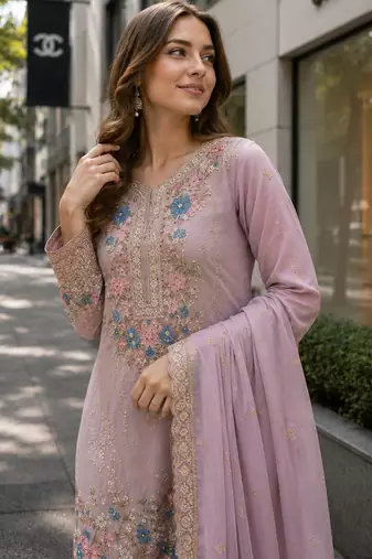 Lavender chinon suit with embroidery & diamond work