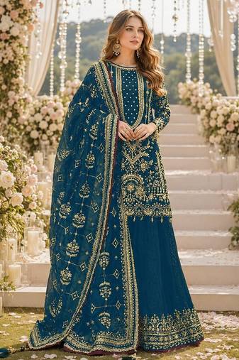 Teal faux georgette suit with embroidery & moti work