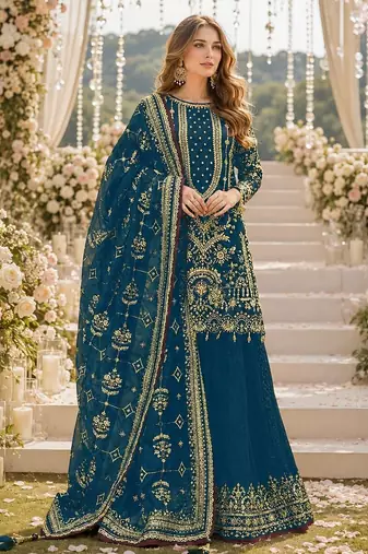 Teal faux georgette suit with embroidery & moti work