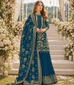 Teal faux georgette suit with embroidery & moti work
