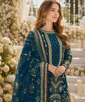 Teal faux georgette suit with embroidery & moti work 2