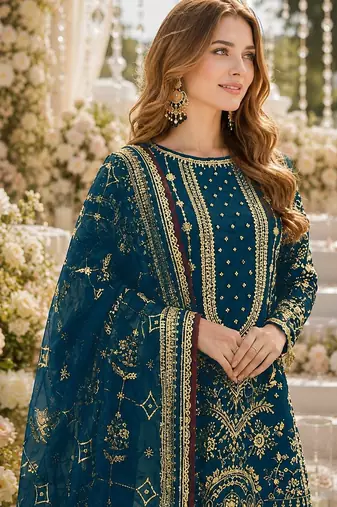 Teal faux georgette suit with embroidery & moti work