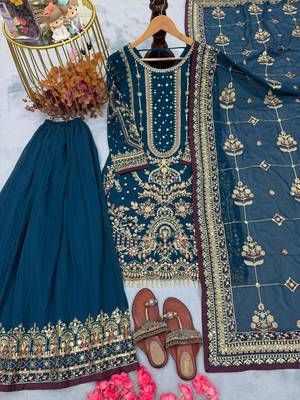 Teal faux georgette suit with embroidery & moti work 3