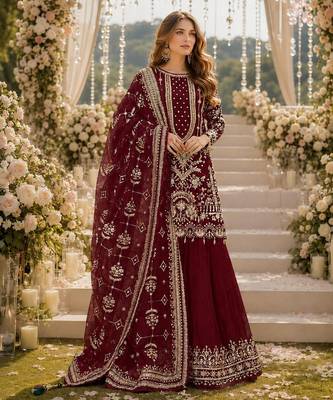 Maroon faux georgette suit with embroidery & moti work 1
