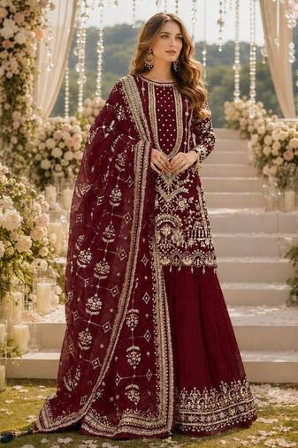Maroon faux georgette suit with embroidery & moti work