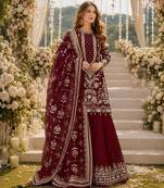 Maroon faux georgette suit with embroidery & moti work