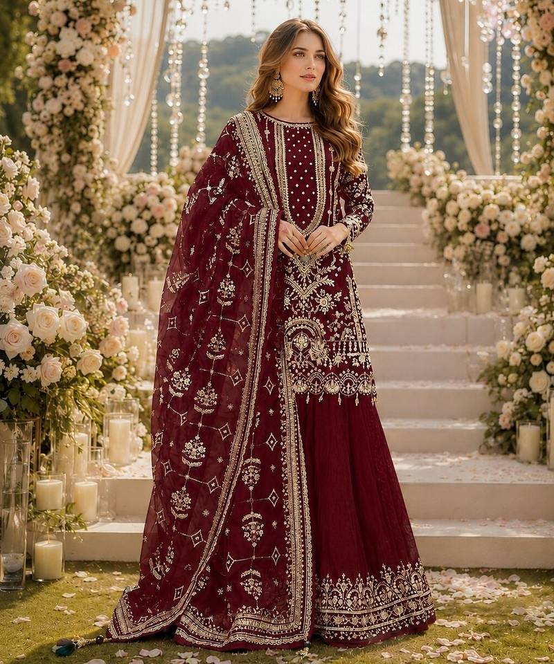 Maroon faux georgette suit with embroidery & moti work