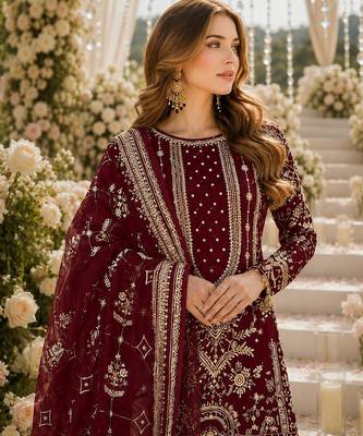 Maroon faux georgette suit with embroidery & moti work 2