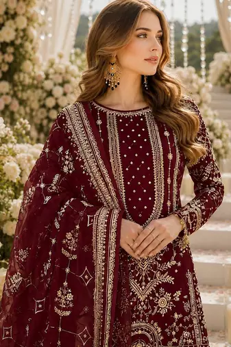 Maroon faux georgette suit with embroidery & moti work