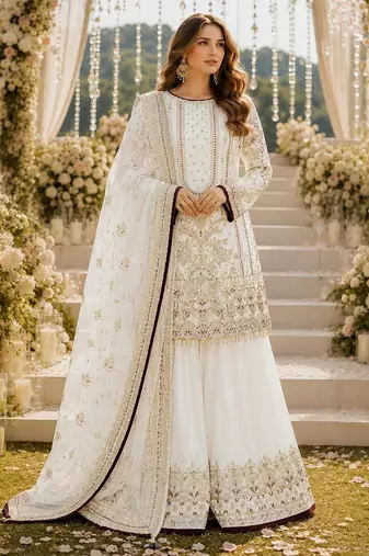 Off white faux georgette suit with embroidery & moti work