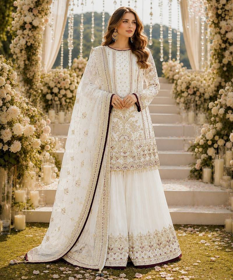 Off white faux georgette suit with embroidery & moti work