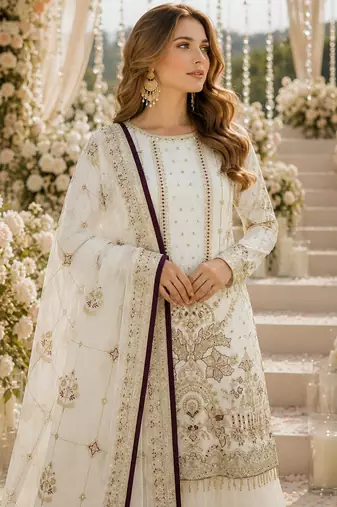 Off white faux georgette suit with embroidery & moti work