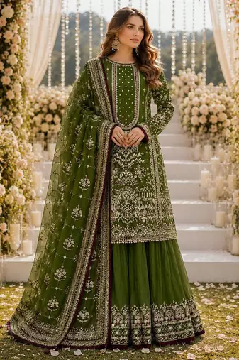 Mehendi faux georgette suit with embroidery & moti work