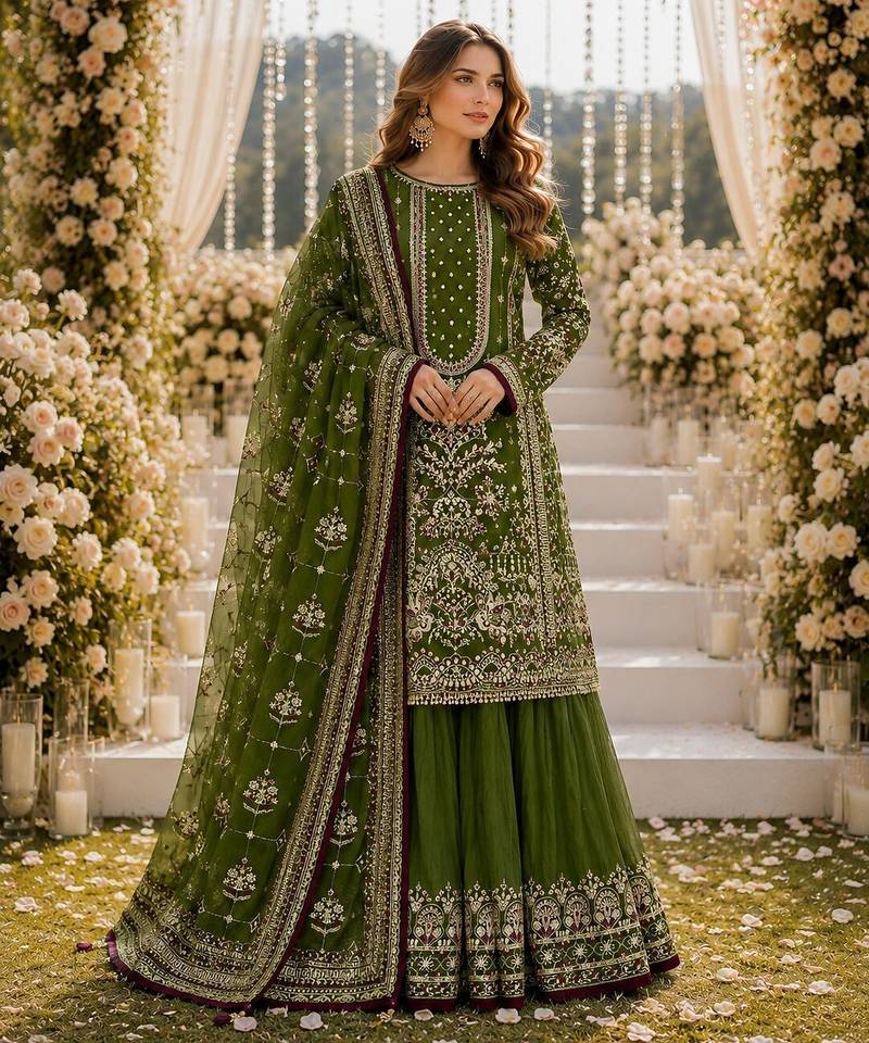 Mehendi faux georgette suit with embroidery & moti work