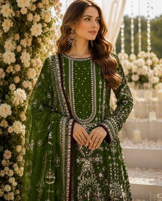 Mehendi faux georgette suit with embroidery & moti work 2