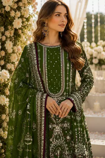Mehendi faux georgette suit with embroidery & moti work