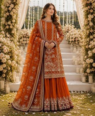 Orange faux georgette suit with embroidery & moti work 1