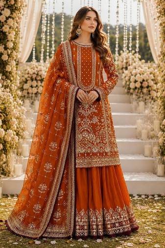 Orange faux georgette suit with embroidery & moti work