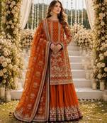 Orange faux georgette suit with embroidery & moti work