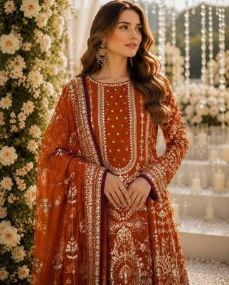 Orange faux georgette suit with embroidery & moti work 2
