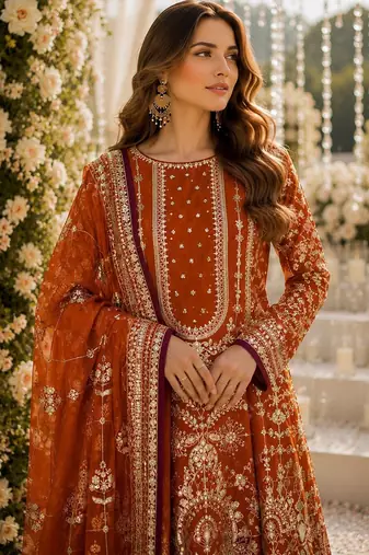 Orange faux georgette suit with embroidery & moti work