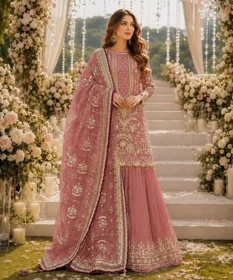 Pink faux georgette suit with embroidery & moti work 1